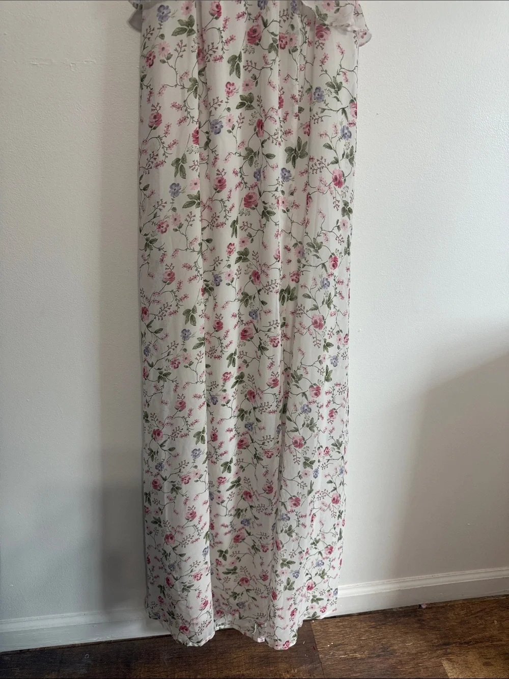 Audrey Parks Floral Ruffle V-Neck Maxi Dress in White with Pink & Green Print